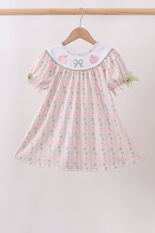 Sage Pumpkin Bow Embroidery Dress