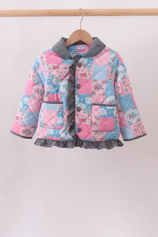 Teal Patchwork Floral Ruffle Jacket