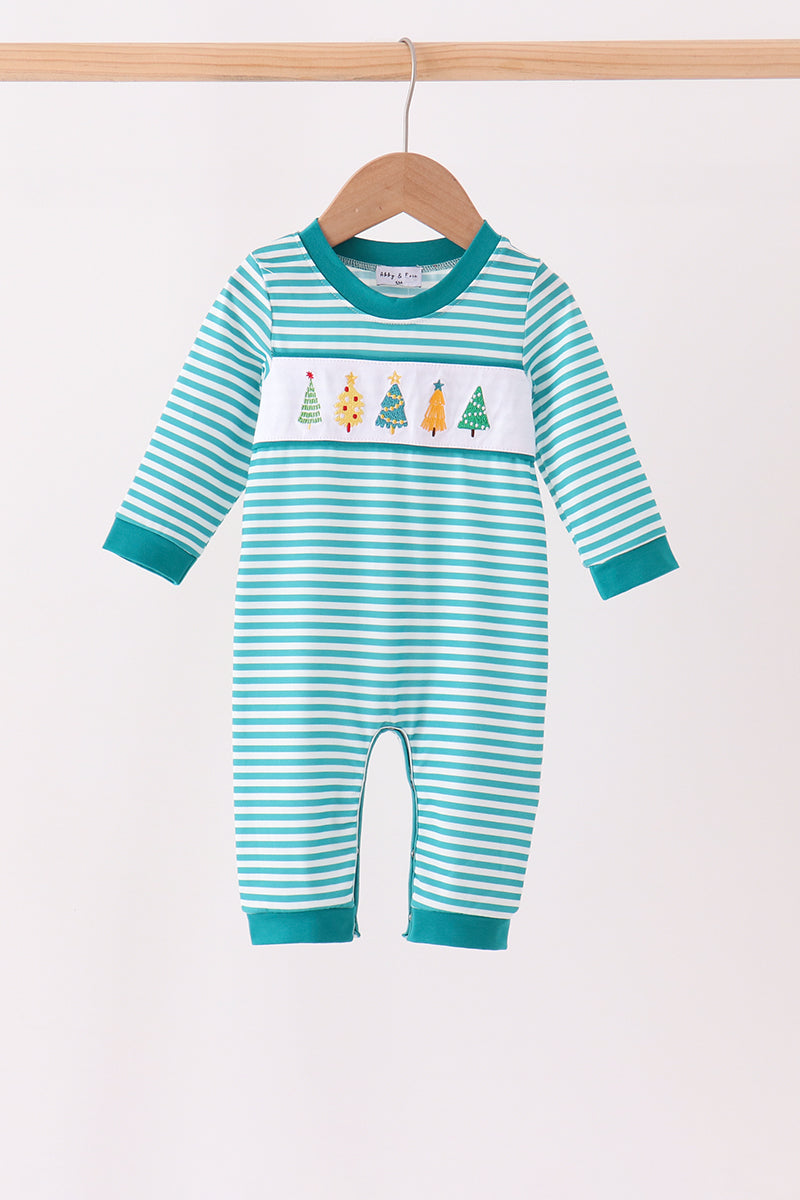 Green Christmas Tree Embroidery Stripe Romper