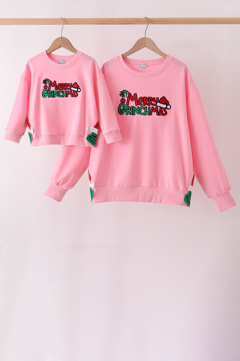 Pink Merry Grinch Embroidery Mom&me Sweatshirt