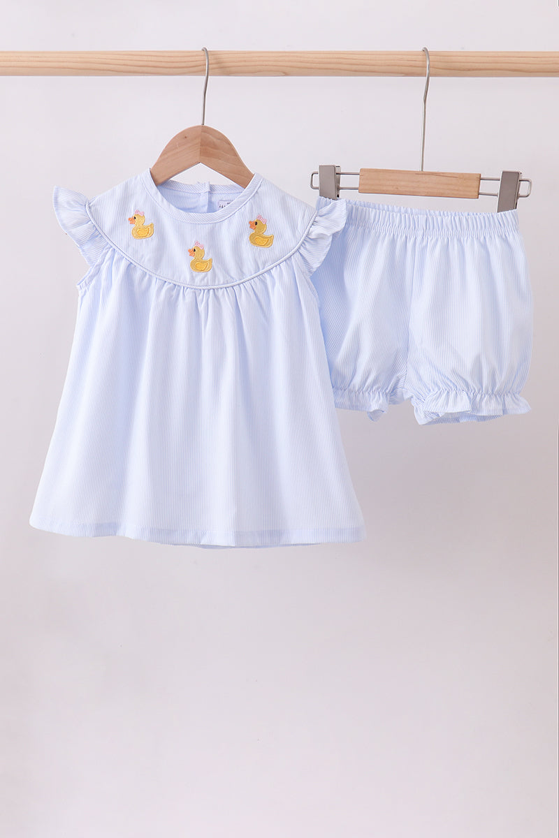 Blue duck embroidery stripe ruffle girl set