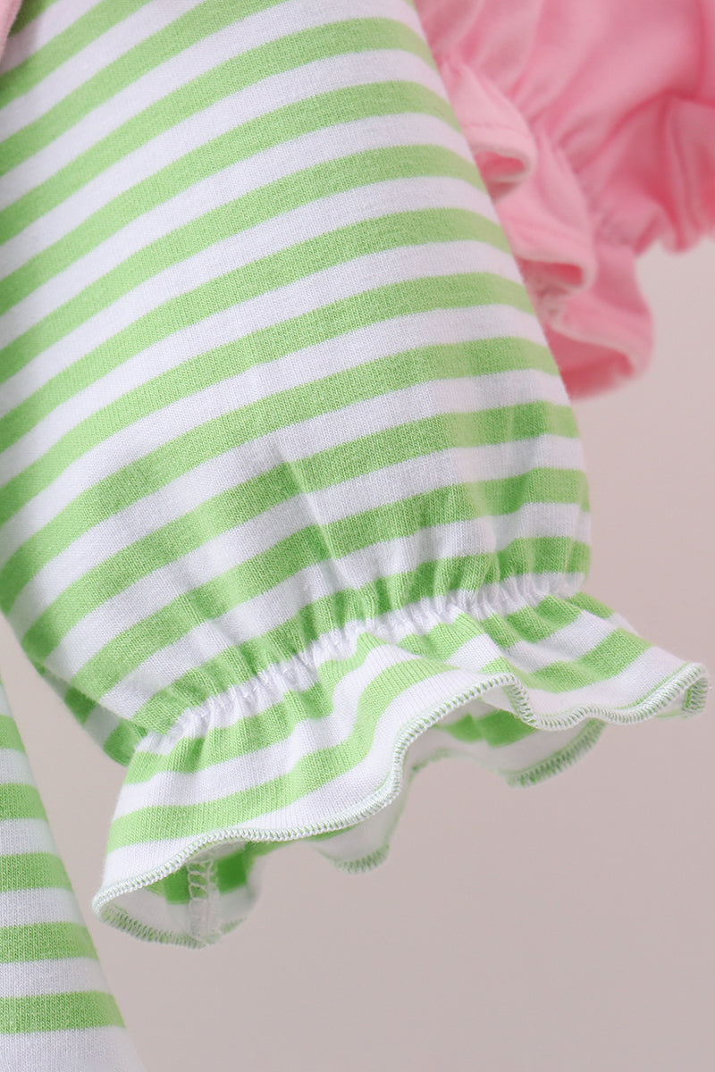 Green clover embroidery stripe bow bloomer set
