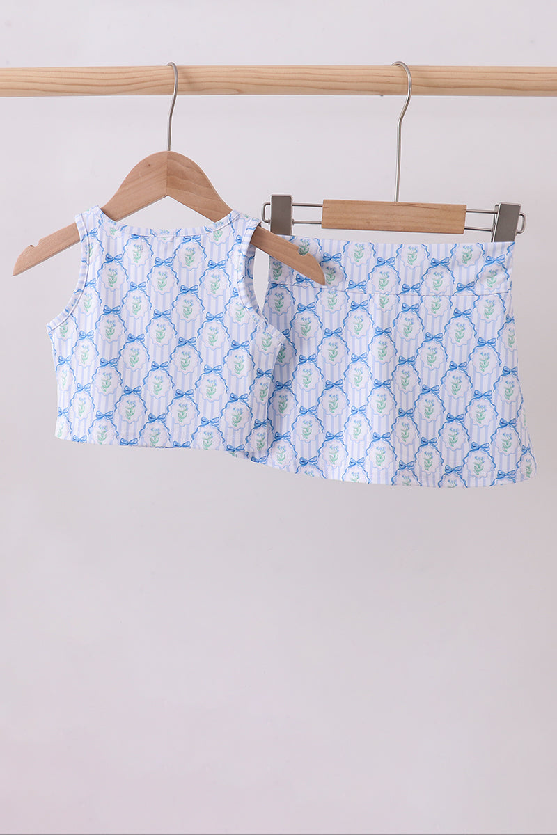 Blue bow floral active skorts set
